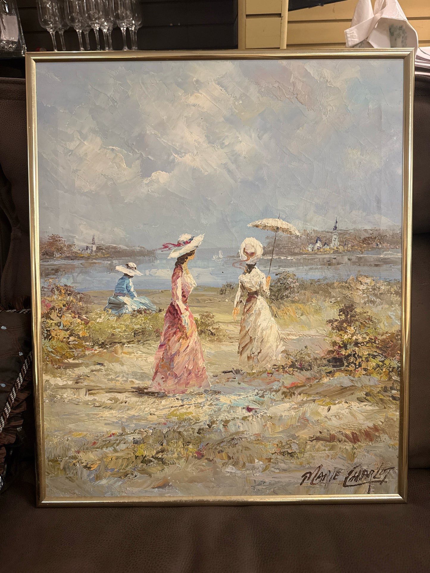 Original Oil Ladies at Beach By French Impressionist Marie Charlot (3 pieces)