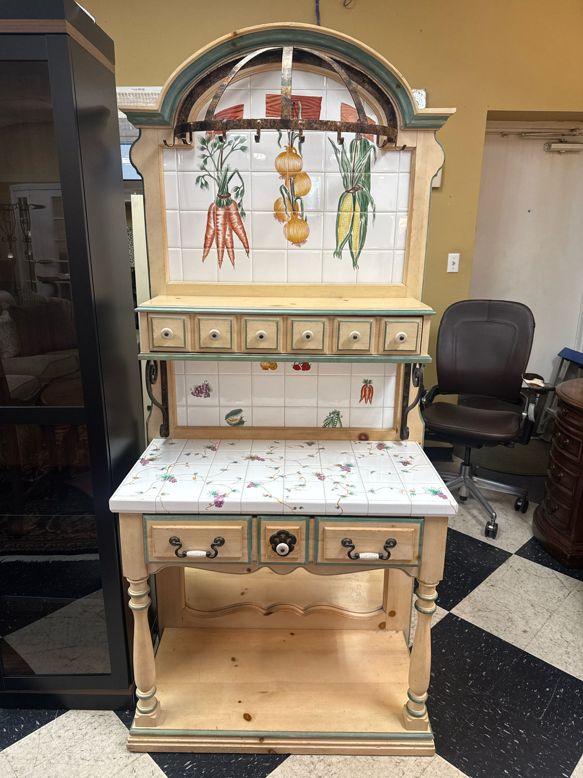 Vintage Pulaski Bakers Rack w/Hand Painted Vegetable Tiles w/Mirror