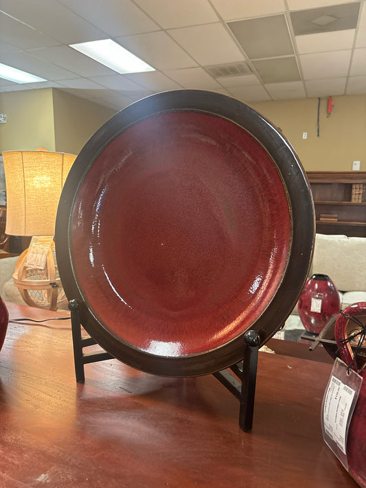 Glazed Pottery - Lrg Round Dish w/ Black Stand (Red, Black, Brown)