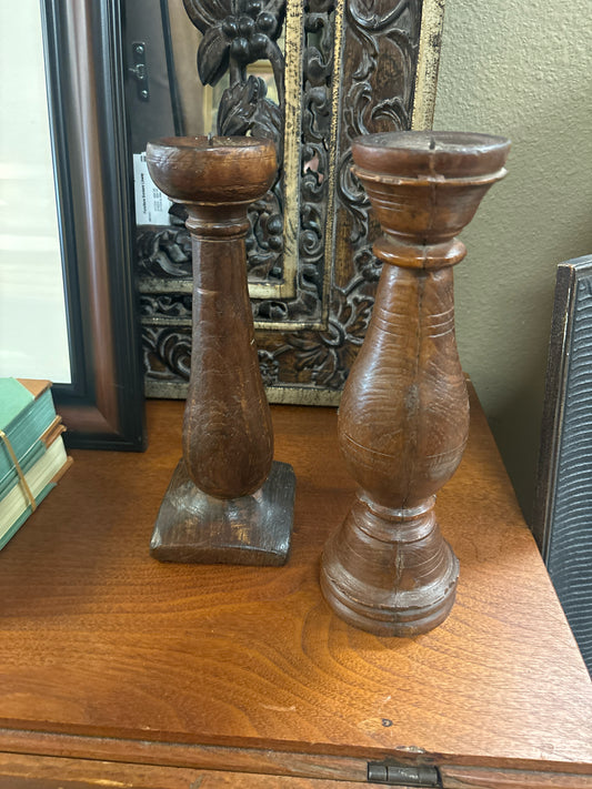 Pair - Antique Wood Spindle Candlesticks