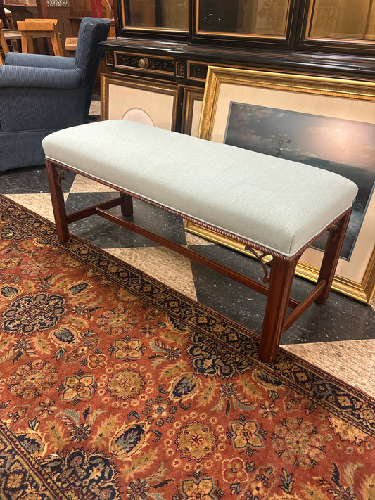 Hickory Chair Co. Blue Upholstered Bench w/ Mahogany Wood 43x18x18