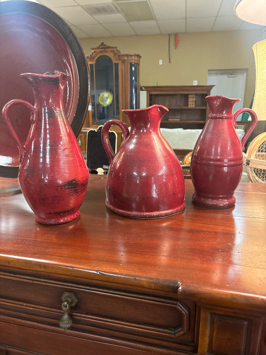 SET of 3 Pottery Red Jugs w/ Handles