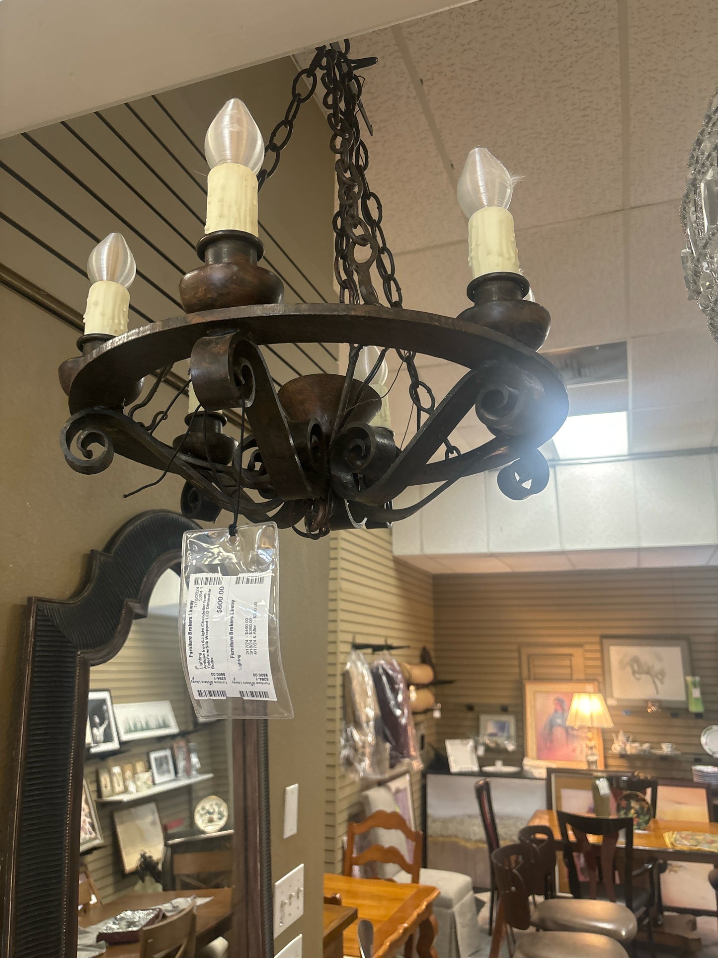 Antique Iron 6-Light Chandelier from Tipler's w/Silk Wrapped LED Dimmable Bulbs