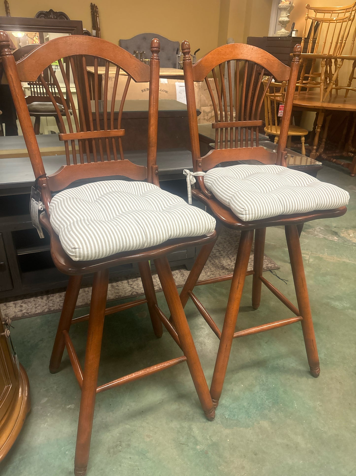 PAIR of Bar Height Wooden Stools with Striped Cream & Beige Cushions