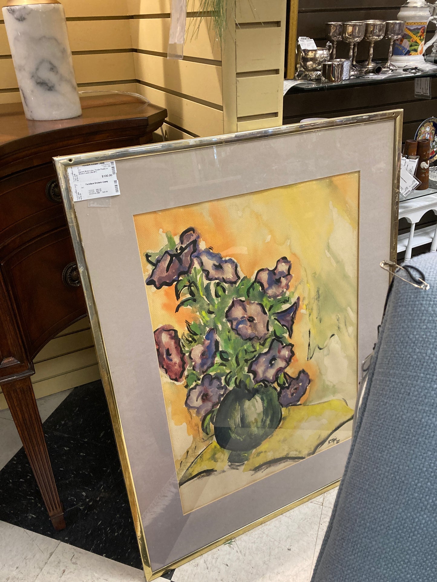 Signed Watercolor, Purple Flower in Brass Frame (29x38")