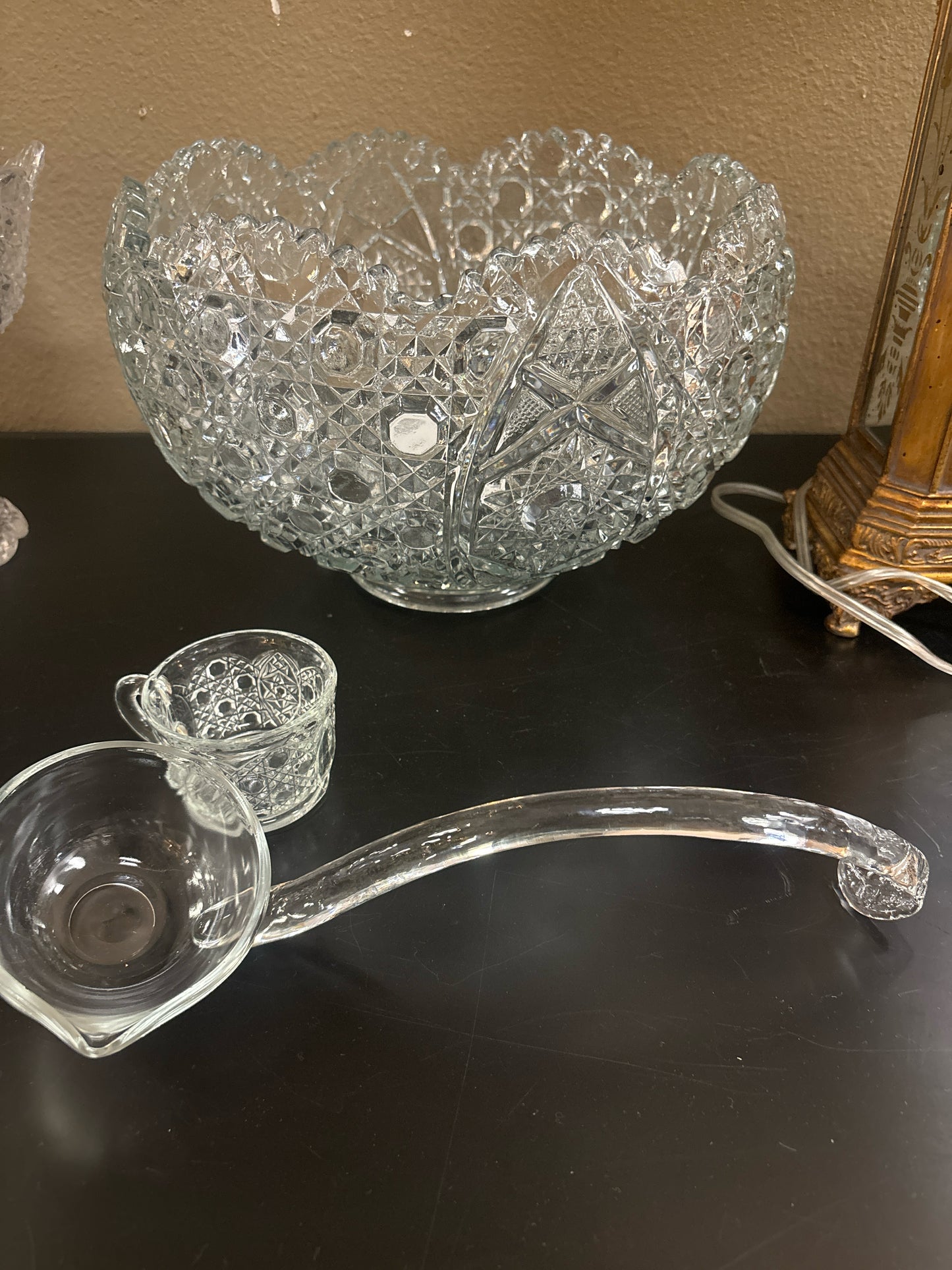 Set - Vintage 70's Glass Punch Bowl (33 Cups, Glass Ladle)
