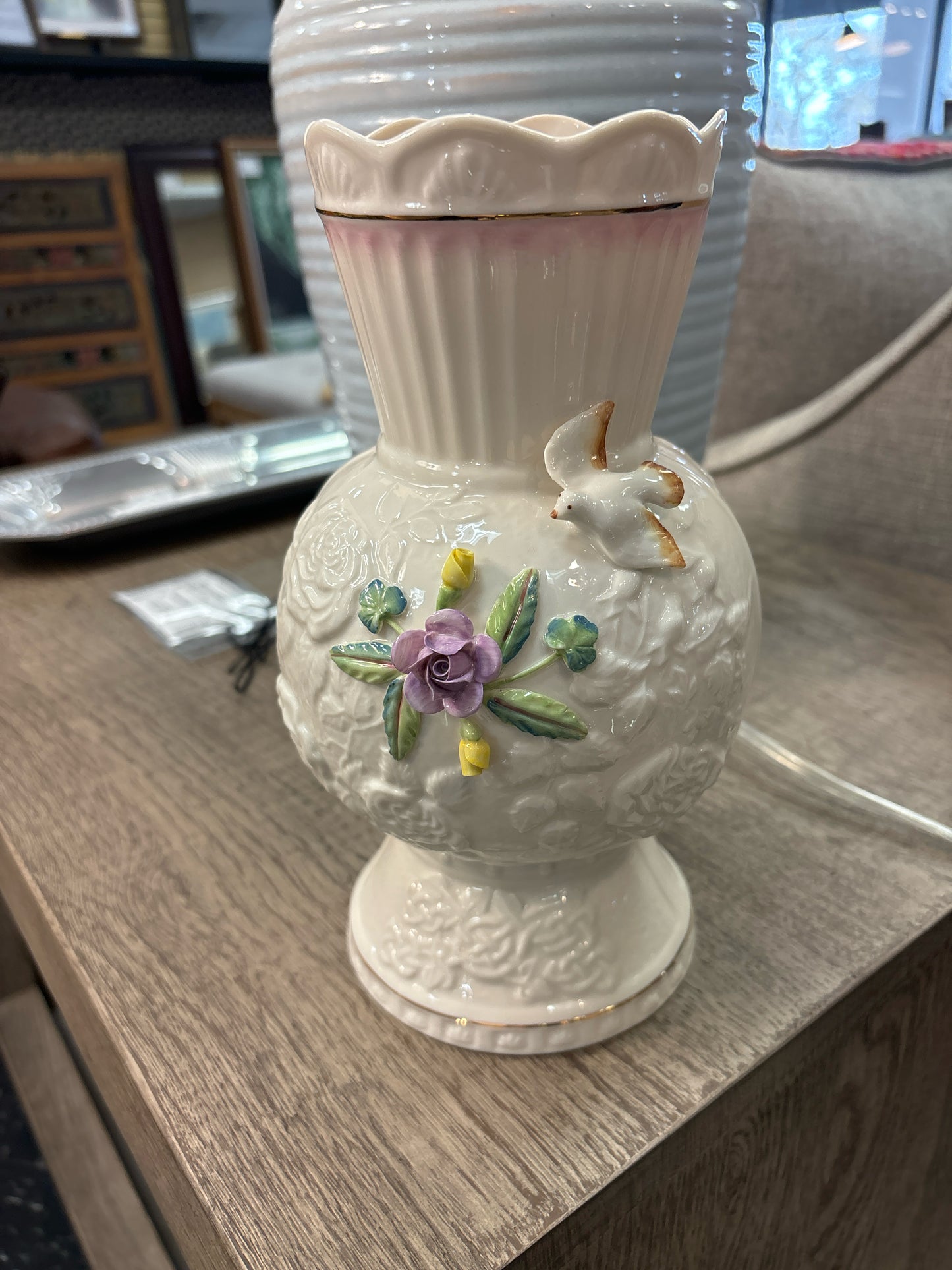 Vase - Porcelain Ivory w/ Flowers/birds (Songbird by Belleek)