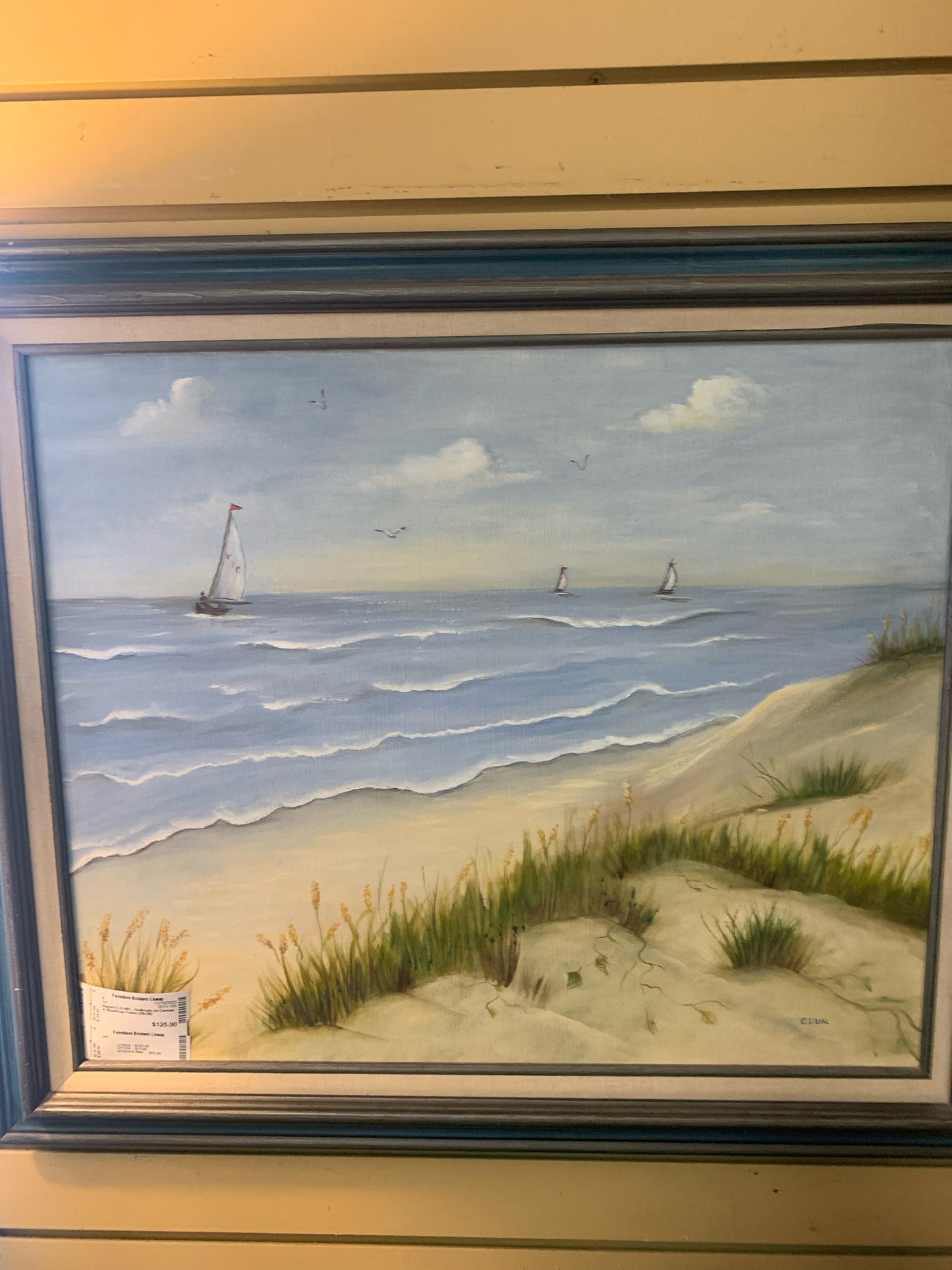 Signed C.D.URL - Sailboats on Canvas in Blue/Gray Frame (29x26)