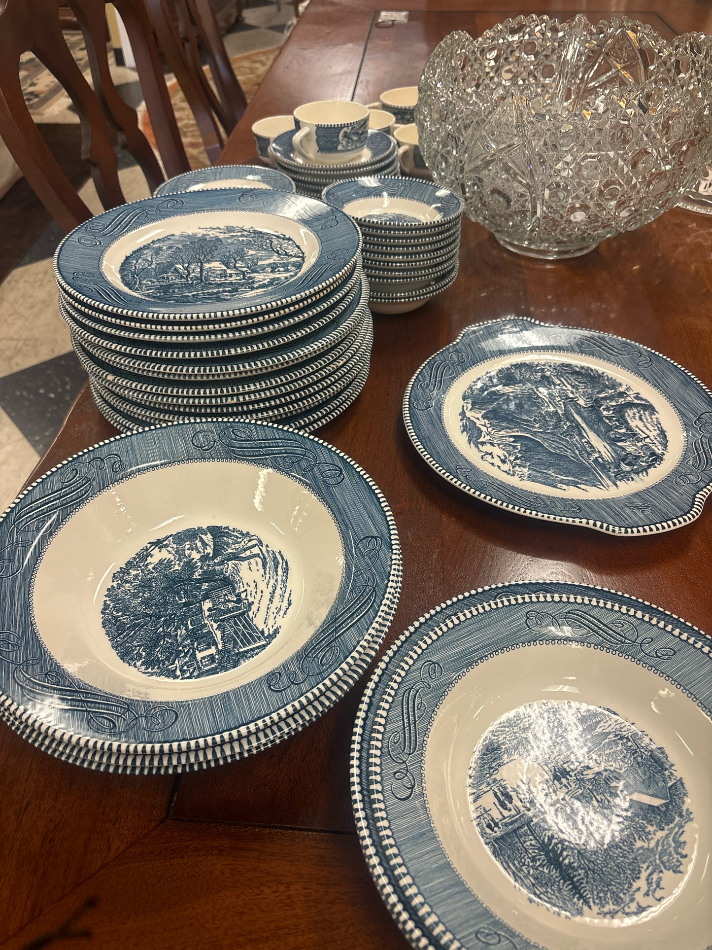 Vintage Currier & Ives- Gristmill Dishes, 61 Pcs.